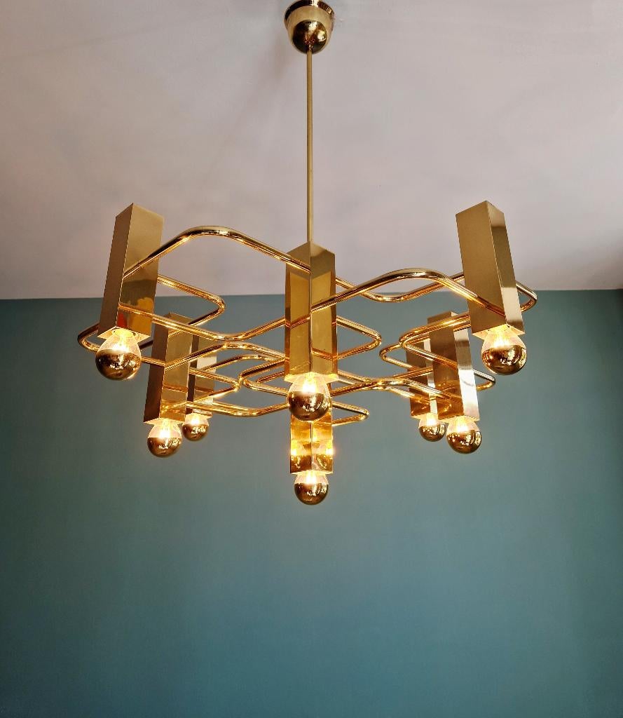 Koperen kroonluchter, ontworpen G. Sciolari, Boulanger, 1970, Ophalen
