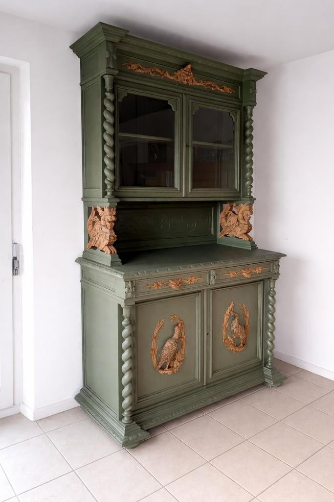 Vitrinekast, buffetkast groen met mooi snijwerk, Maison & Meubles, Armoires | Vitrines, Enlèvement