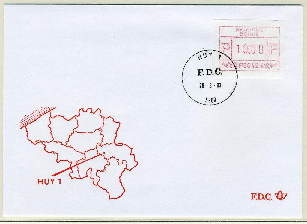 (B) ATM42 FDC Envelop 1983 - Huy 1 (P3042), Met envelop, Ophalen of Verzenden, Gestempeld, 1e dag stempel