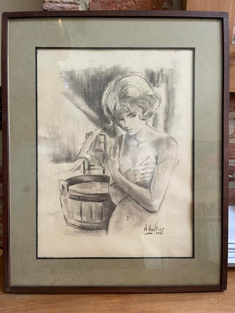 Houtskool of potloodtekening - gedateerd 1965, Antiek en Kunst, Antiek | Boeken en Manuscripten, Ophalen