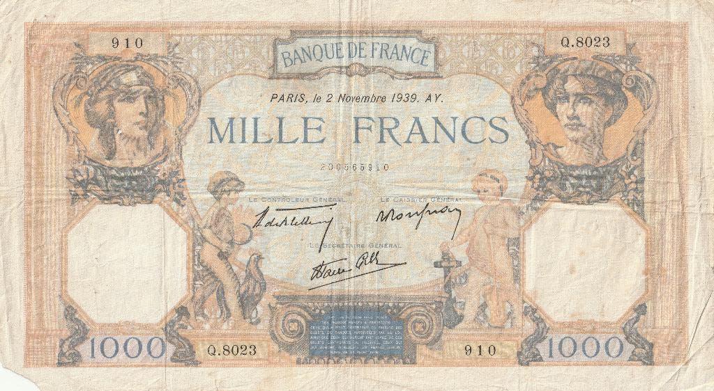 MILLE FRANCS 2 NOVEMBRE 1939, Ophalen of Verzenden