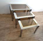 BELGO CHROM NESTING TABLES TAFELTJE CHROME GOUD VINTAGE, Ophalen, Gebruikt, Glas, Mid century