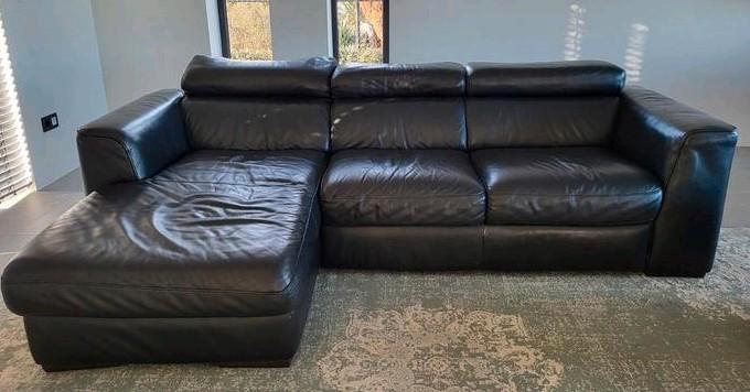 Italsofa zwarte  L-vorm zetel 160/94*250*73/93, Huis en Inrichting, Zetels | Complete zithoeken, Gebruikt, Leer, Ophalen