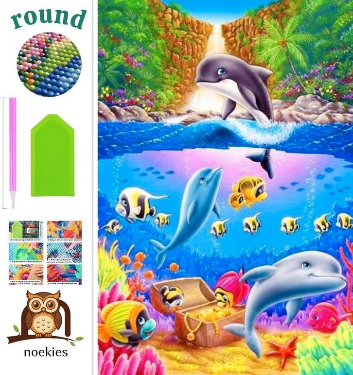 nr 2054 Peinture au diamant dauphins 40x30cm (rond), Hobby & Loisirs créatifs, Bricolage, Neuf, Diamond painting, Éducatif, Autocollant