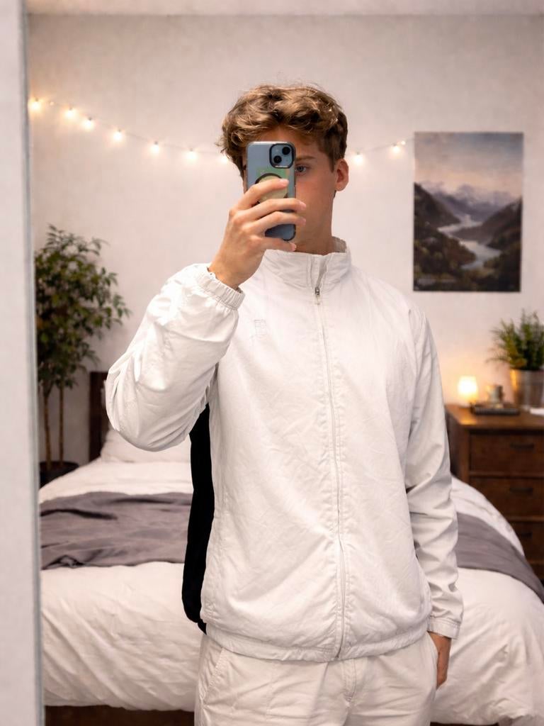 Vintage Nike Windbreaker | Wit/Navy | Maat L | Authentiek, Kleding | Heren, Verzenden, Zo goed als nieuw, Maat 52/54 (L), Wit