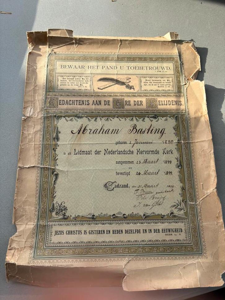 Lidmaatschapsbewijs Nederlandse Hervormde  – Abraham Basting, Verzamelen, Militaria | Algemeen, Verzenden