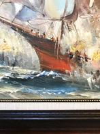 Schilderij Zeeslag olie op doek Vintage 62 x B 72🔥🤩🎁🤗👌, Ophalen of Verzenden