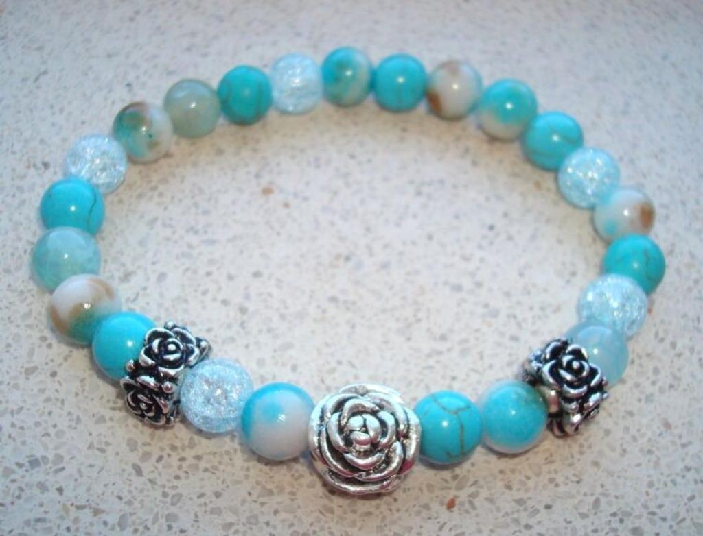 Armband Roos van turquoise halfedelsteen - maat naar wens, Handtassen en Accessoires, Armbanden, Nieuw, Elastiek, Met bedels of kralen