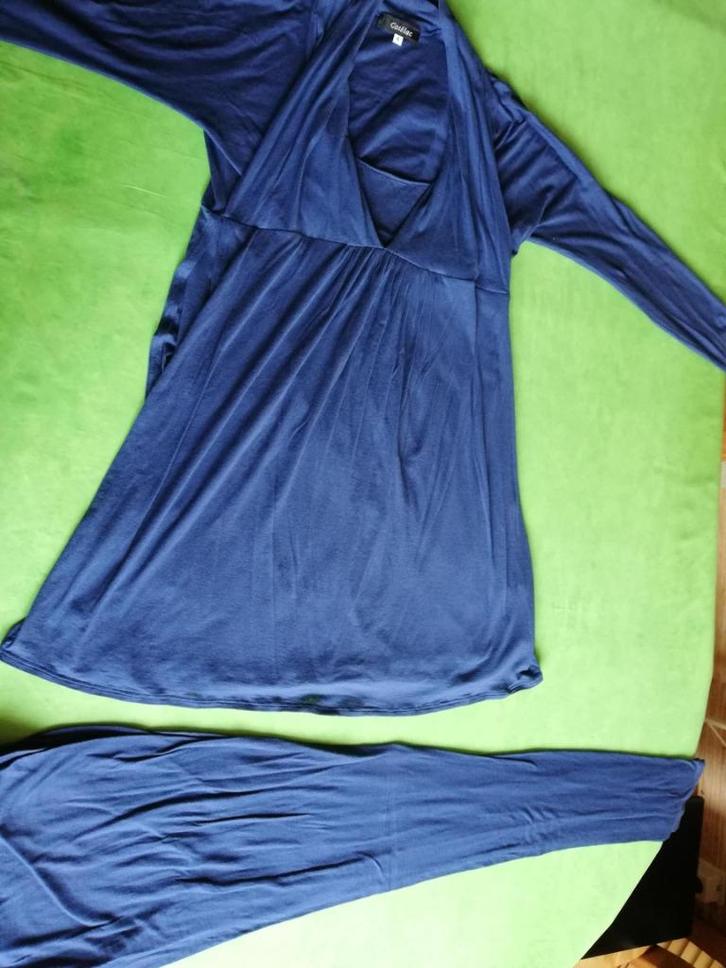 EXCLUSIEVE 90 % KATOENEN BLAUWE JURK + LEGGING, ZEER ELEGAN, Kleding | Dames, Jurken, Zo goed als nieuw, Maat 42/44 (L), Blauw