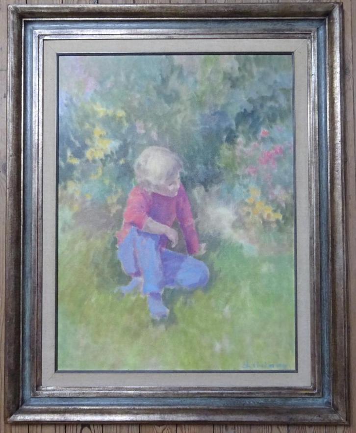 Hans Kitslaar, doek, Kind in de tuin, 80 x 60 cm, Antiquités & Art, Art | Peinture | Moderne, Enlèvement