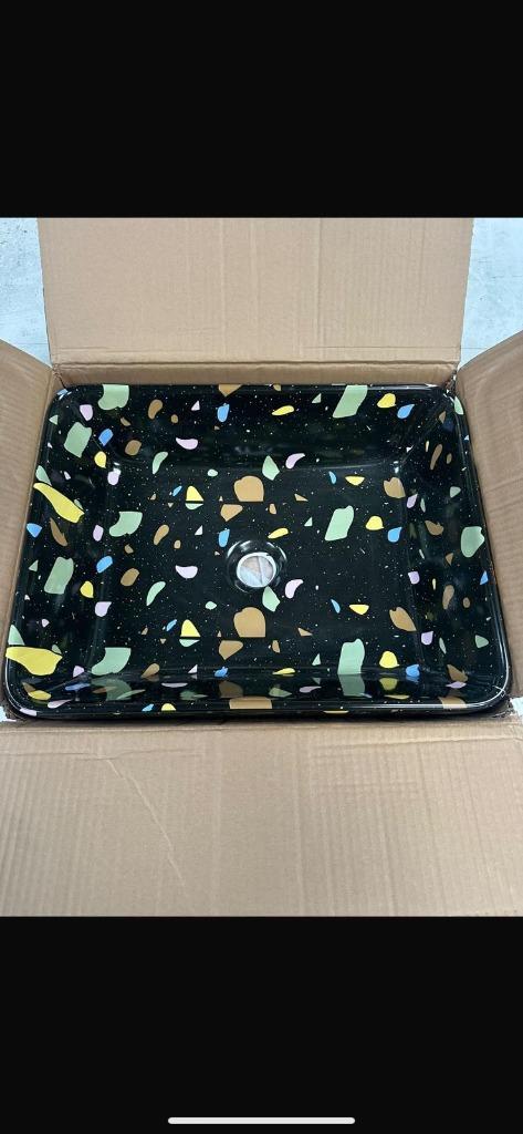 Terrazo Lavabo Zwart Vierkant, Doe-het-zelf en Bouw, Sanitair, Nieuw, Wastafel, Steen, Ophalen