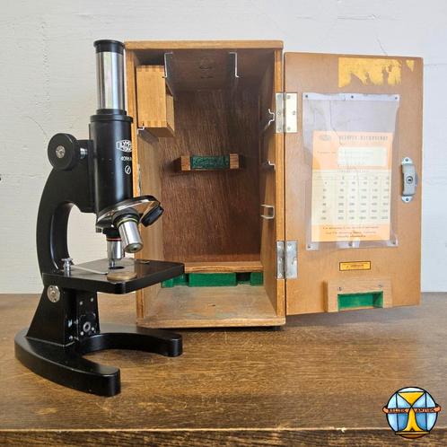 Vintage Japanse Olympus school microscoop in kist (werkt), Audio, Tv en Foto, Optische apparatuur | Microscopen, Zo goed als nieuw