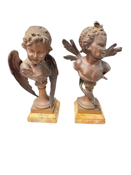 Bustes van Cupido en Psyche op marmeren sokkels, Antiek en Kunst, Antiek | Brons en Koper, Ophalen