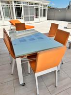 Design ligne roset glazen tuintafel met 6 stoelen, Ophalen, Gebruikt