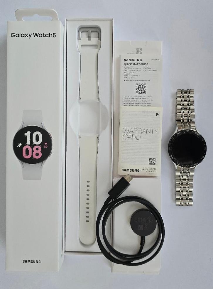 Samsung Galaxy Watch 5 Zilver - 44 mm, Handtassen en Accessoires, Smartwatches, Zo goed als nieuw, Android, Zilver, Afstand, Calorieverbanding