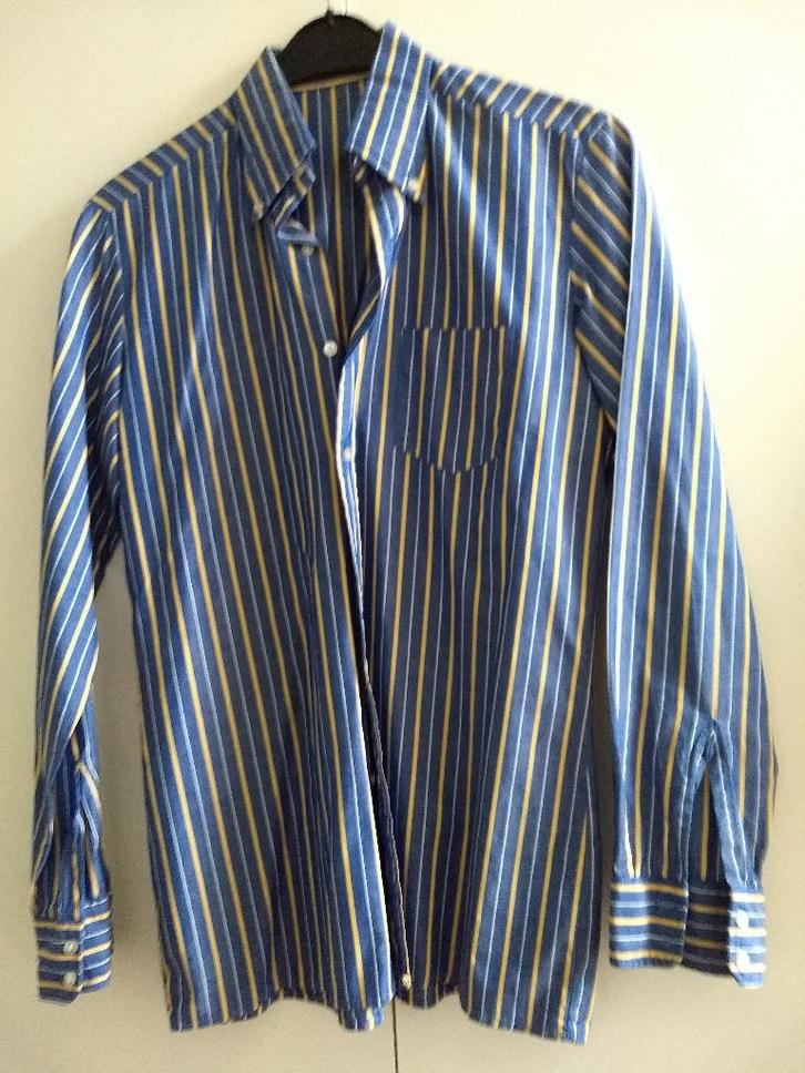 Blauw hemd met gele strepen - in prima staat, Kleding | Heren, Overhemden, Zo goed als nieuw, Blauw, Ophalen of Verzenden