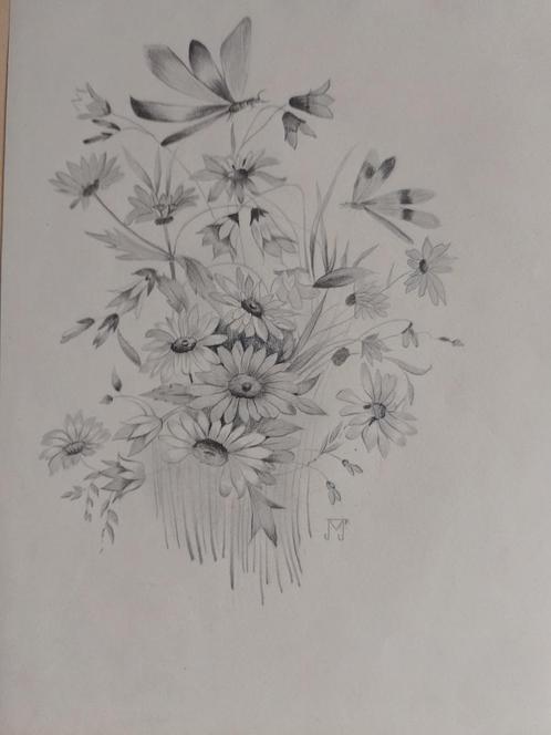 Jan Voerman Jr  1891 - 1976  Tekening  Bouquet, Antiek en Kunst, Kunst | Tekeningen en Fotografie, Verzenden