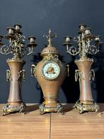 (90) Antieke Franse bronzen vaaspendule + kandelaars ca.1880, Ophalen of Verzenden