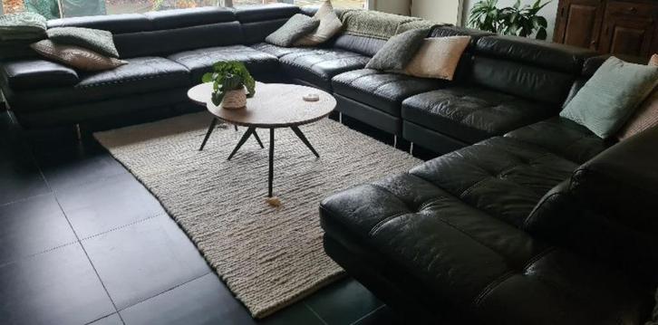 Modern bruin lederen hoeksalon in U- vorm, Huis en Inrichting, Zetels | Complete zithoeken, Gebruikt, Leer, Metaal, Ophalen