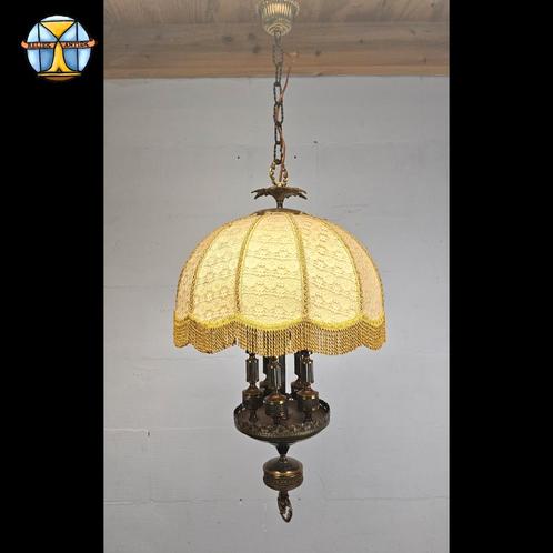 Vintage Barok messing kroonluchter stoffen kap hanglamp, Huis en Inrichting, Lampen | Kroonluchters, Zo goed als nieuw, Metaal