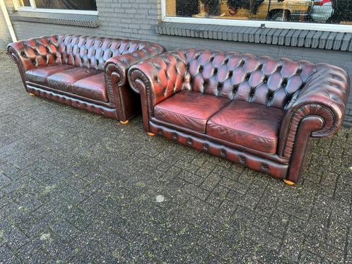 Chesterfield 3+2 zit zetels roodbruin GRATIS GELEVERD, Maison & Meubles, Canapés | Repose-pieds & Poufs, Cuir, Enlèvement ou Envoi