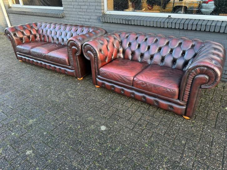 Chesterfield 3+2 zit zetels roodbruin GRATIS GELEVERD, Huis en Inrichting, Zetels | Voetbanken en poefs, Leer, Ophalen of Verzenden