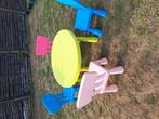 IKEA kindertafel groen + 4 kinderstoelen 2 blauwe, roos, Ophalen, Gebruikt