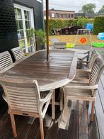Teak tafel met 6 stoelen allemaal met leuning, Tuin en Terras, Ophalen, Gebruikt, Eettafel, 6 zitplaatsen