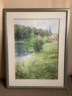 Aquarel - de waterloop naar het dorp- 74,5 x 96, Antiek en Kunst, Ophalen