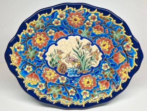 Emaux de Longwy Art Deco stijl sierschaal floraal decor., Antiek en Kunst, Antiek | Keramiek en Aardewerk, Ophalen of Verzenden