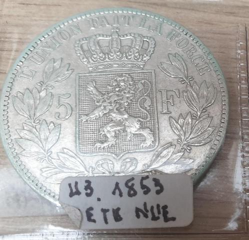 5 francs belge - Léopold Ier tête nue 1853, Postzegels en Munten, Munten | Europa | Euromunten, Zilver, Ophalen of Verzenden