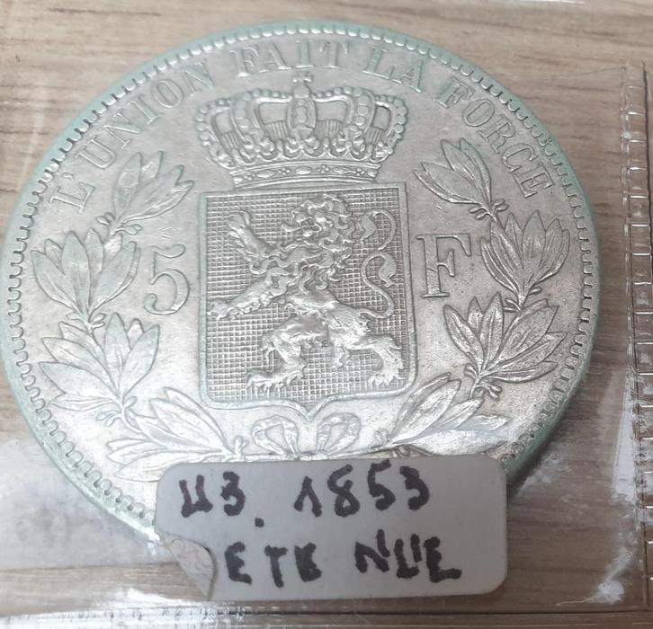 5 francs belge - Léopold Ier tête nue 1853, Postzegels en Munten, Munten | Europa | Euromunten, Zilver, Ophalen of Verzenden