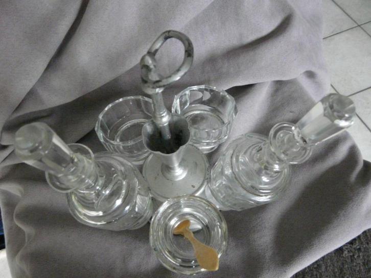ensemble vintage de 5 pièces : huile, vinaigre, poivre, sel,, Antiquités & Art, Curiosités & Brocante, Enlèvement