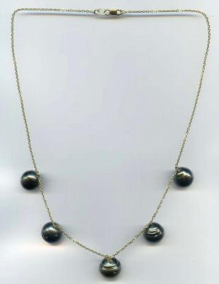 Gouden halsketting met 5 authentieke Tahitiaanse zeeparels, Handtassen en Accessoires, Kettingen, Goud, Goud, Ophalen