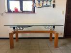 Glazen tafel met massief houten onderstel, Huis en Inrichting, Tafels | Eettafels, Ophalen, Gebruikt, 50 tot 100 cm, Vijf personen of meer