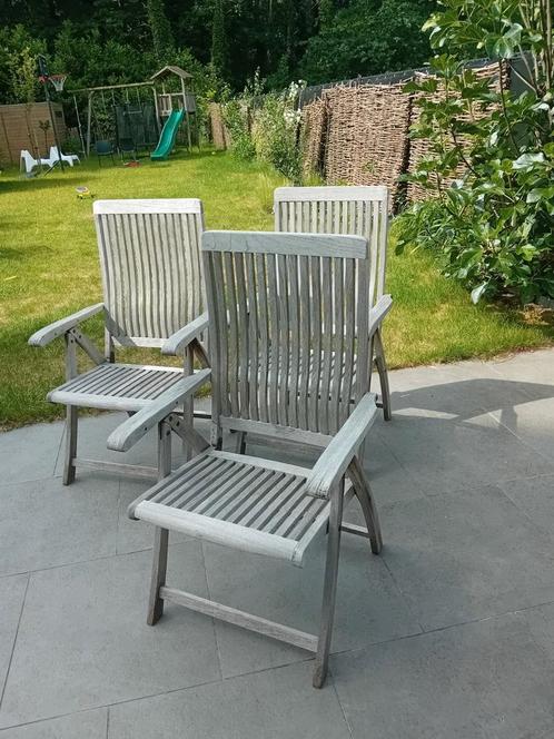 3 verstelbare stoelen in teak hoge rugleuning met kussens, Tuin en Terras, Tuinstoelen, Gebruikt, Hout, Inklapbaar, Ophalen of Verzenden