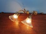 Paar Art Deco kandelaars van brons en gegroefd glas, Antiek en Kunst, Ophalen of Verzenden