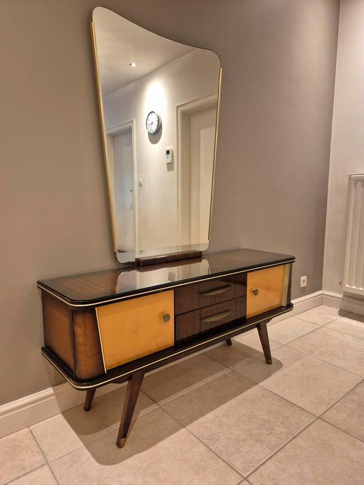 Elegant mid-century dressoir jaren 50 met originele spiegel, Maison & Meubles, Tables | Coiffeuses, Utilisé, Moins de 100 cm, 100 à 150 cm