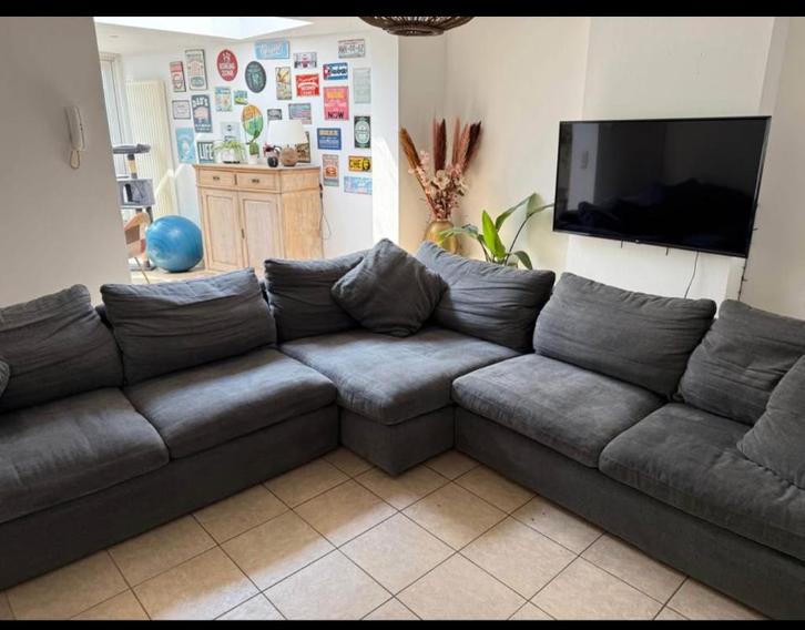 Ruime XXL-hoekbank antracietkleurige stof met jeanseffect, Huis en Inrichting, Zetels | Complete zithoeken, Zo goed als nieuw