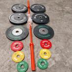 100 kilo Olympische bumper plates + nieuwe barbell 220cm, Ophalen, Zo goed als nieuw