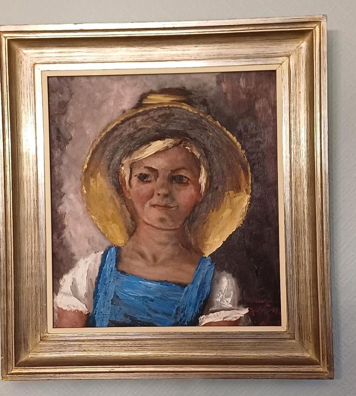 Miesjel Van Gerwen,  Meisje met strooien hoed, 57 x 61 cm, Antiek en Kunst, Kunst | Schilderijen | Klassiek, Ophalen of Verzenden