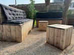 Set de jardin en bois avec bancs et poufs, Jardin & Terrasse, Enlèvement, Comme neuf