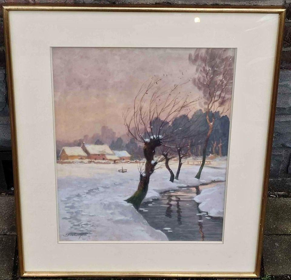 aquarelle paysage enneige signe francois bossaerts, Ophalen of Verzenden