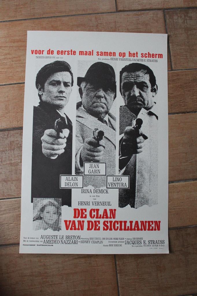 filmaffiche Alain Delon le clan des siciliens filmposter, Rechthoekig Staand, Ophalen of Verzenden, Zo goed als nieuw, A1 t/m A3