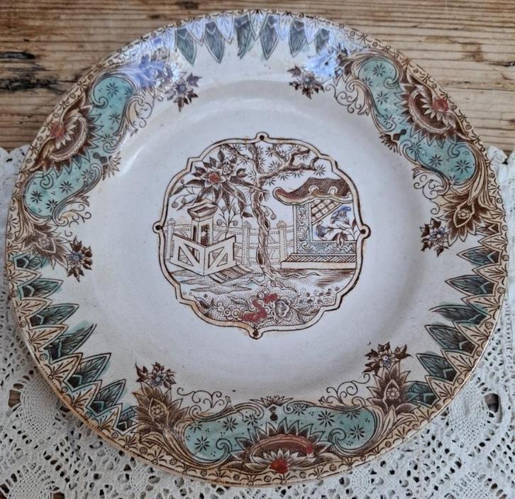 Oud Japans bord, bruin / lichtblauw, lichtbeboterd, Ophalen of Verzenden