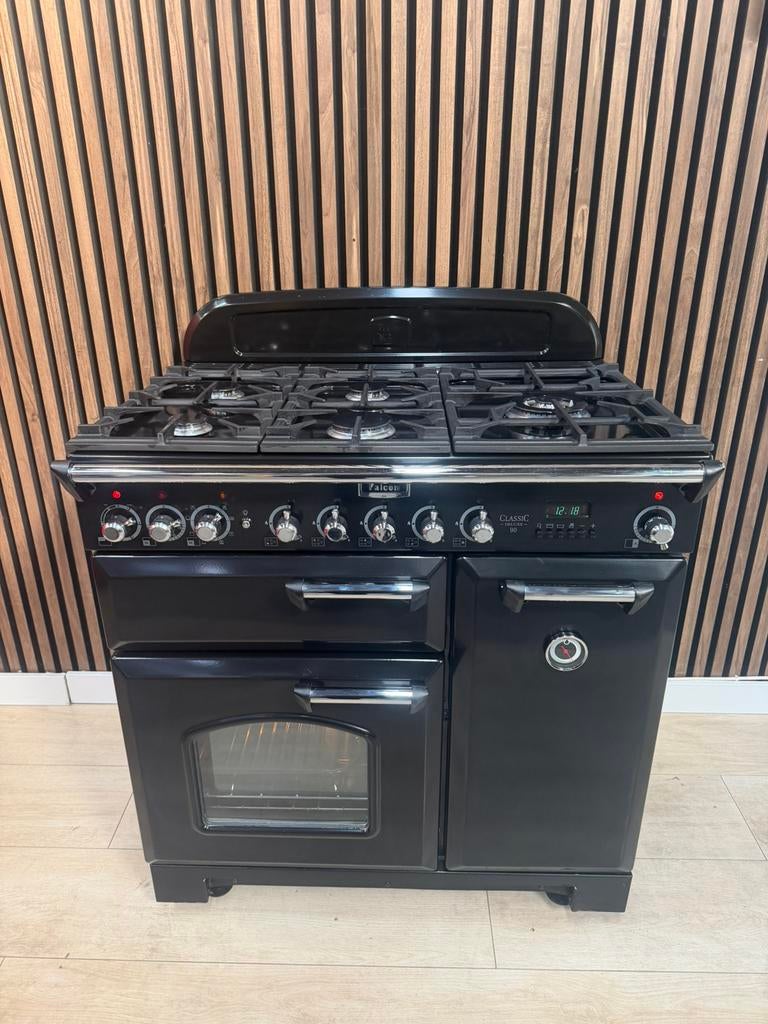 Mooie zwarte Falcon De Luxe Fornuis 90 cm (Gratis bezorgen), Hete lucht, 60 cm of meer, Ophalen of Verzenden, Zo goed als nieuw