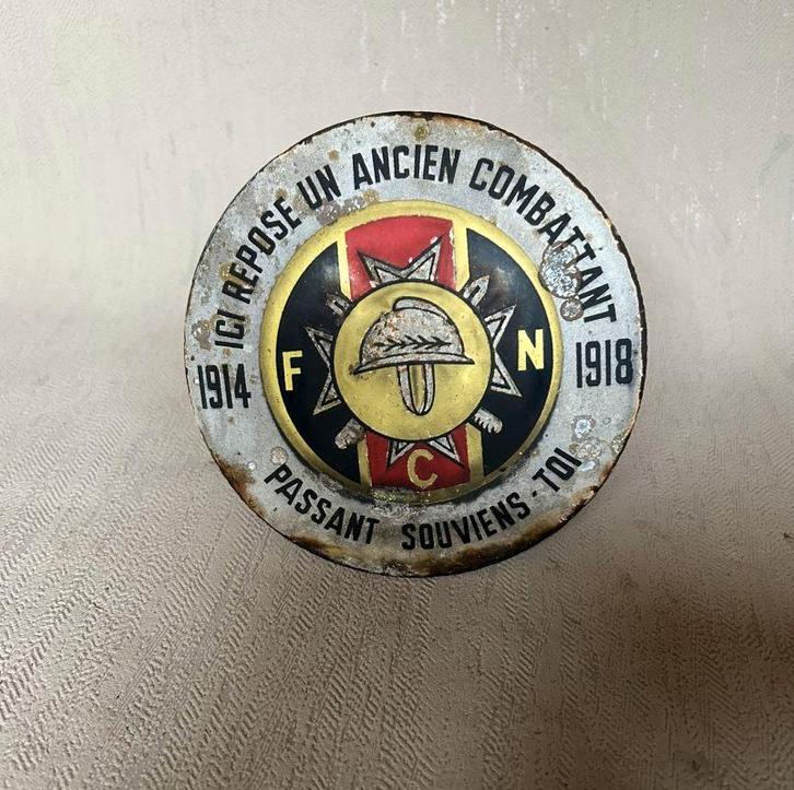 Plakaat in email - "ICI REPOSE UN ANCIEN COMBATTANT 1914", Verzamelen, Militaria | Algemeen, Landmacht, Overige typen, Ophalen of Verzenden