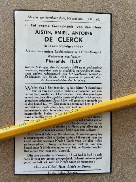 GUERRE 40-45DE CLERCK BRUGES bombardement St Michiels 5/1944, Enlèvement ou Envoi, Image pieuse