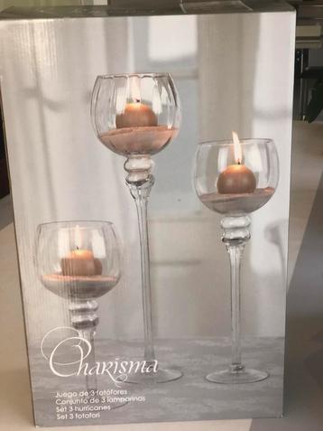 Set van 3 windlichten Hoogte 30-40-50 cm mondgeblazen glas, Ophalen, Nieuw
