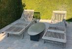 Twee verplaatsbare teak ligstoelen met kussen, Ophalen, Gebruikt